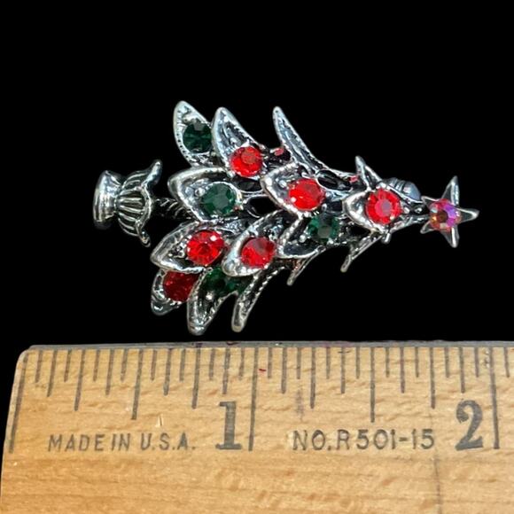 CHRISTMAS TREE Pin Brooch Silver with Red & Green Crystals- New - Picture 3 of 3